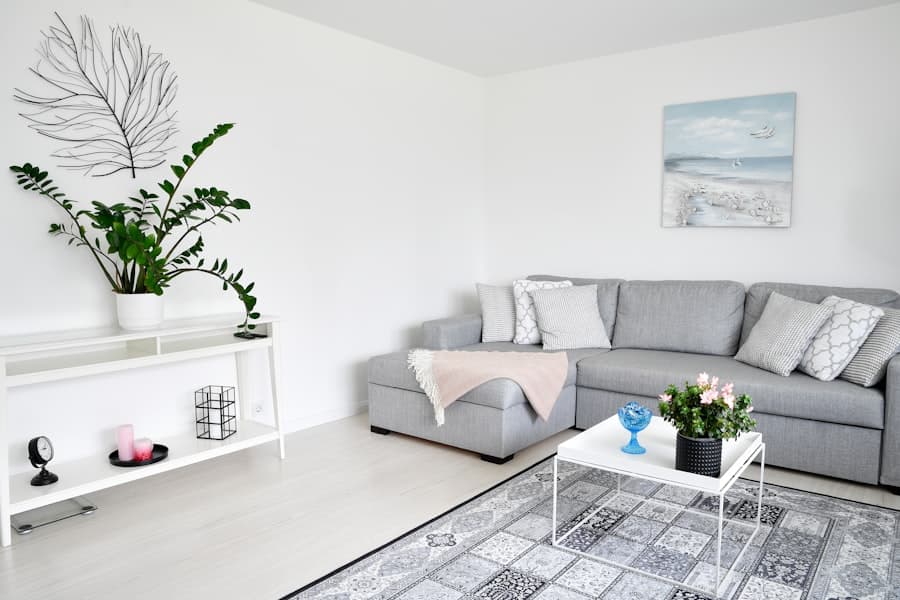 Scandinavian living room with grey sofa
