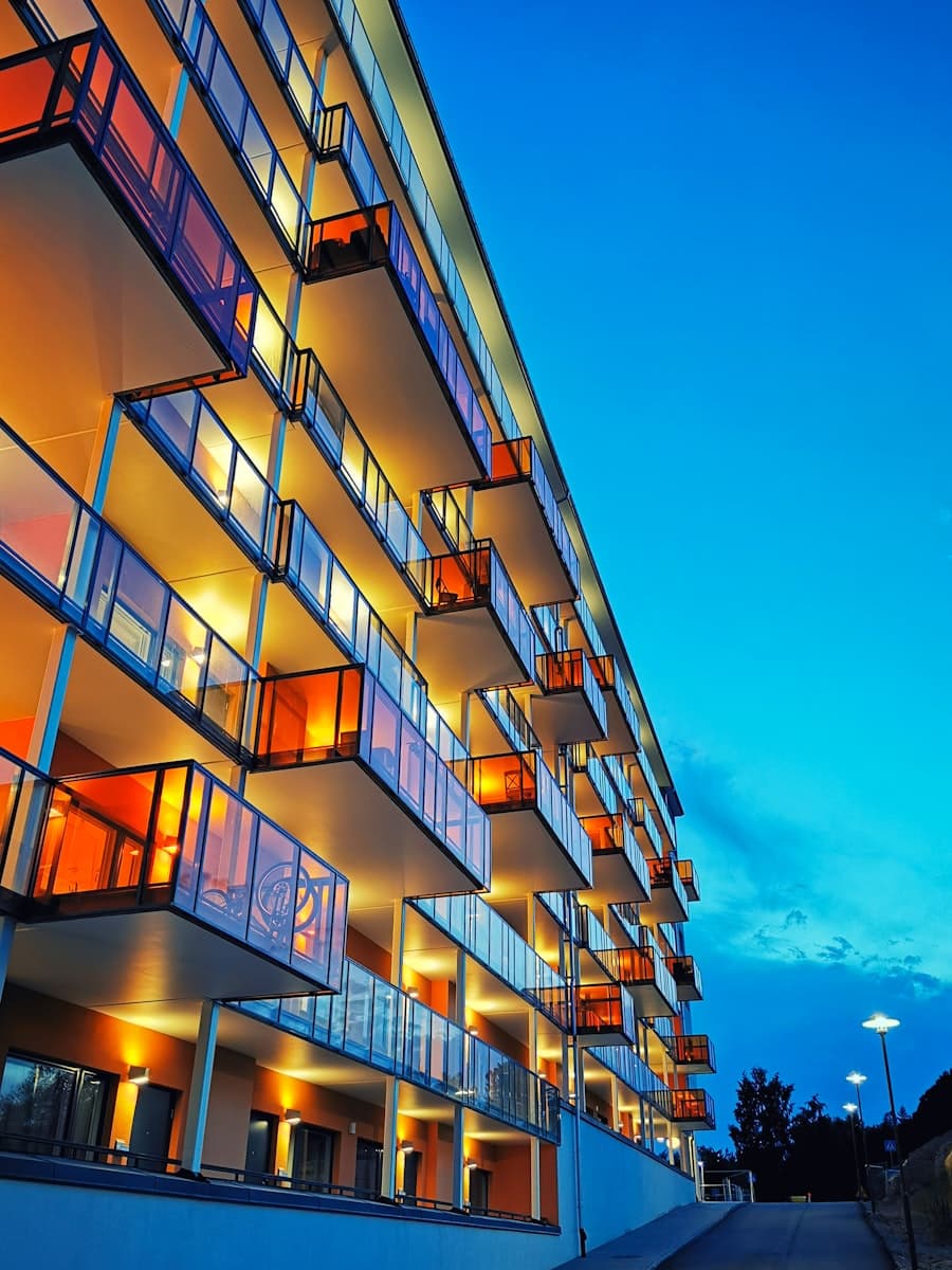 Modern apartment building with glass balconies