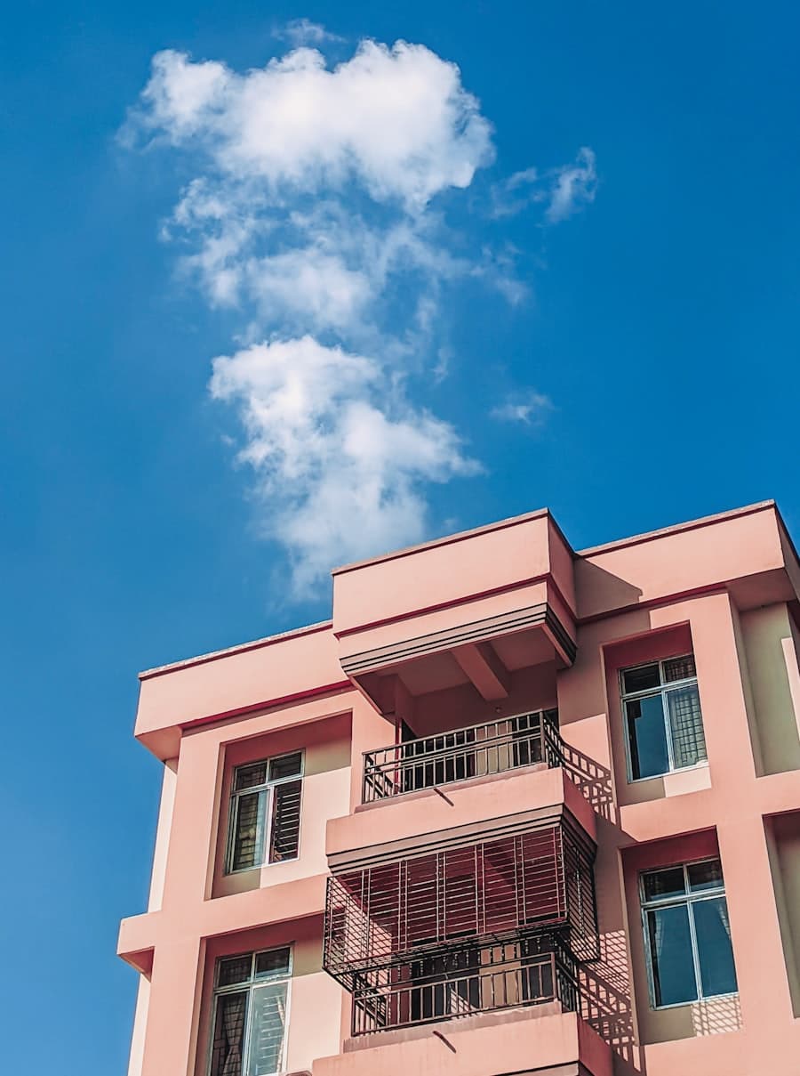 Apartment building exterior in bright sunlight